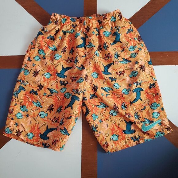 Nike Other - Nike Swim Trunks Boys Large L Orange Blue Sealife Brief liner Drawstring Pullon‎